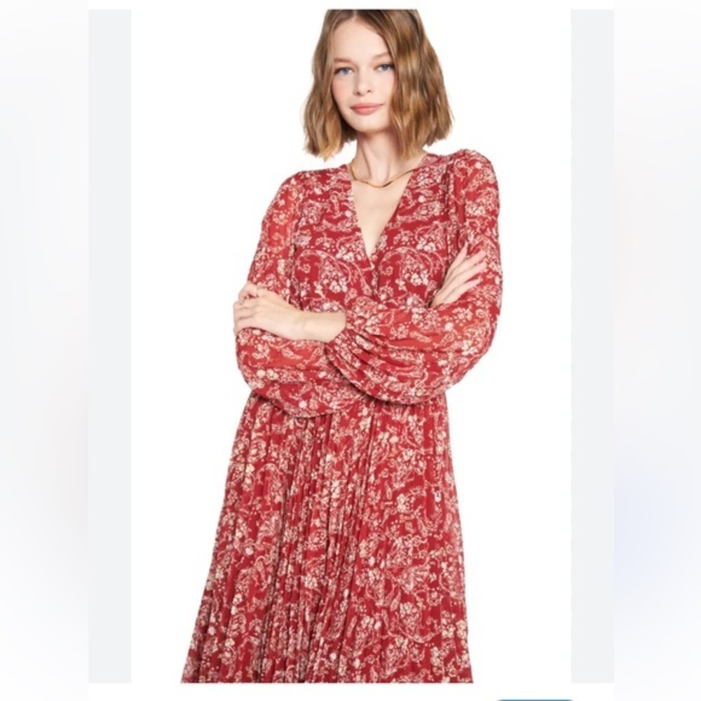 Saks Fifth Avenue Red Floral Pleated Midi Dress Large